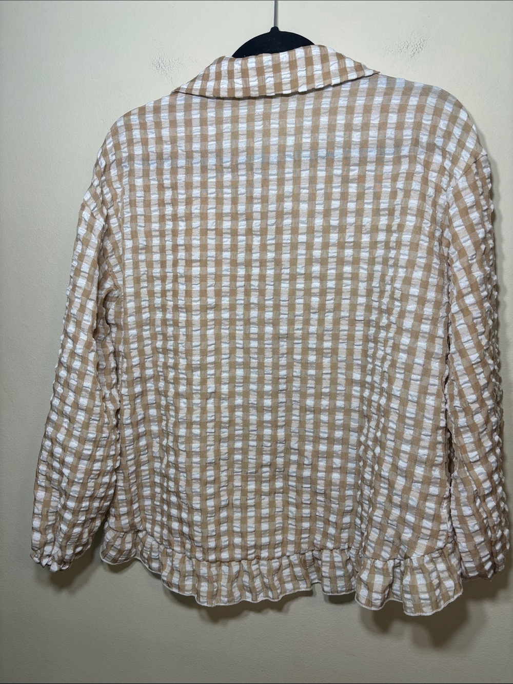 Beige and White Gingham Button-Front Women's Top - Picture 3 of 5